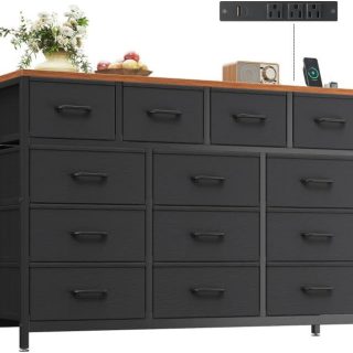 Casaottima Dresser for Bedroom with Charging Station, 55" Long Dresser with 13 Storage Drawers, Large Fabric Dressers Chests of Drawers with Shelves, Black and Vintage