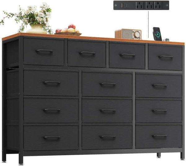 Casaottima Dresser for Bedroom with Charging Station, 55" Long Dresser with 13 Storage Drawers, Large Fabric Dressers Chests of Drawers with Shelves, Black and Vintage