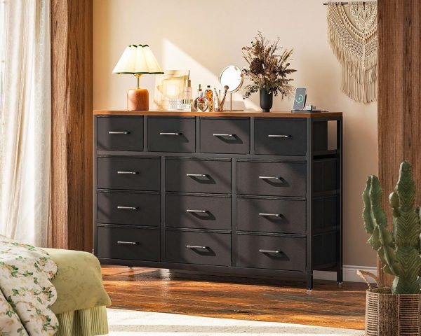 Casaottima Dresser for Bedroom with Charging Station, 55" Long Dresser with 13 Storage Drawers, Large Fabric Dressers Chests of Drawers with Shelves, Black and Vintage - Image 2