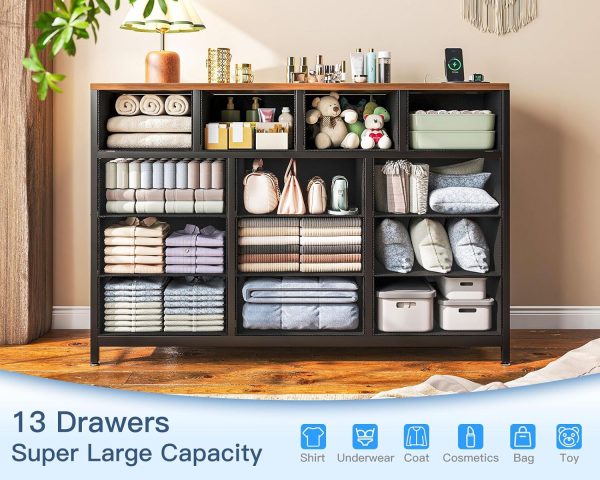 Casaottima Dresser for Bedroom with Charging Station, 55" Long Dresser with 13 Storage Drawers, Large Fabric Dressers Chests of Drawers with Shelves, Black and Vintage - Image 4