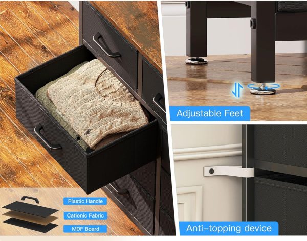 Casaottima Dresser for Bedroom with Charging Station, 55" Long Dresser with 13 Storage Drawers, Large Fabric Dressers Chests of Drawers with Shelves, Black and Vintage - Image 6