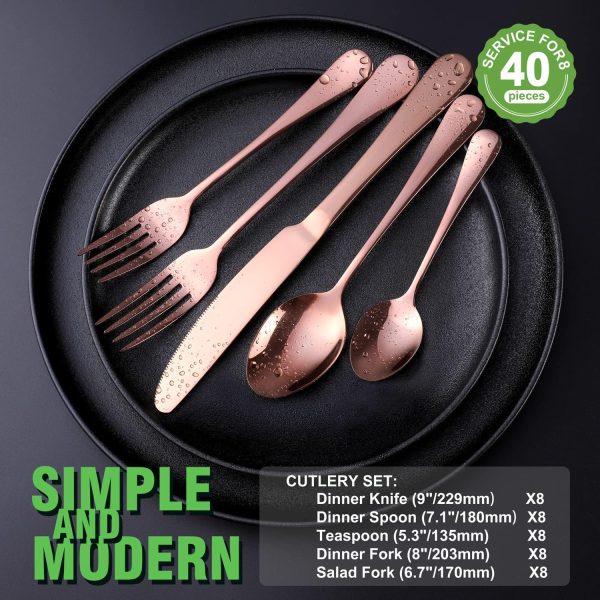 Copper/Rose Gold Silverware Set, OGORI 40-Piece Stainless Steel Flatware Set, Kitchen Utensil Set Service for 8, Mirror Polished Tableware Cutlery Set for Home and Restaurant, Dishwasher Safe - Image 2