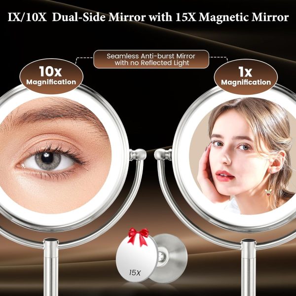 Professional 8.5" Large Lighted Makeup Mirror with Brighter Lights, 1X/10X True HD Magnifying Mirror with 3 Color Dimmable Lights, 90 Shadowless LEDs, 360°Swivel Seamless Vanity Mirror, Pearl Nickel - Image 2