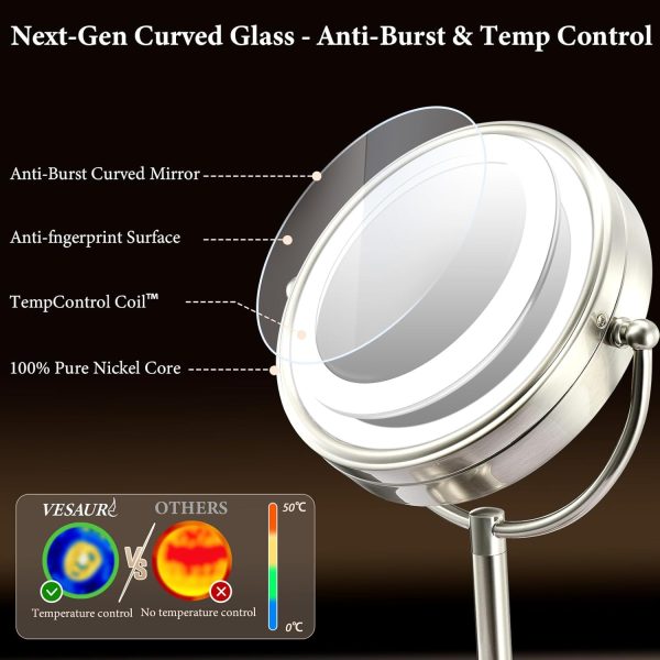 Professional 8.5" Large Lighted Makeup Mirror with Brighter Lights, 1X/10X True HD Magnifying Mirror with 3 Color Dimmable Lights, 90 Shadowless LEDs, 360°Swivel Seamless Vanity Mirror, Pearl Nickel - Image 3