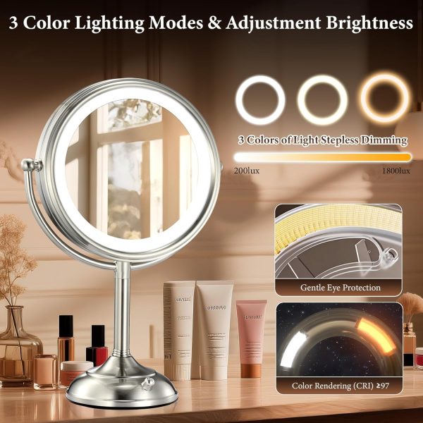 Professional 8.5" Large Lighted Makeup Mirror with Brighter Lights, 1X/10X True HD Magnifying Mirror with 3 Color Dimmable Lights, 90 Shadowless LEDs, 360°Swivel Seamless Vanity Mirror, Pearl Nickel - Image 4