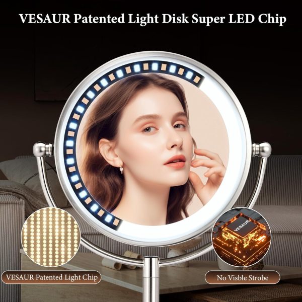 Professional 8.5" Large Lighted Makeup Mirror with Brighter Lights, 1X/10X True HD Magnifying Mirror with 3 Color Dimmable Lights, 90 Shadowless LEDs, 360°Swivel Seamless Vanity Mirror, Pearl Nickel - Image 5