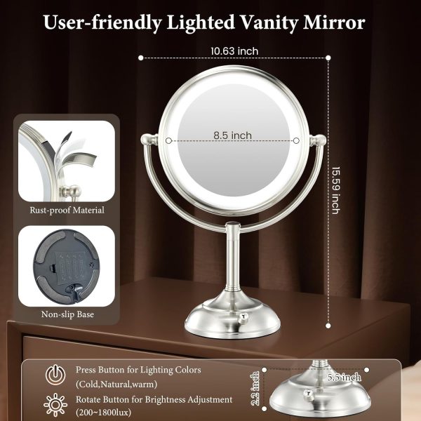 Professional 8.5" Large Lighted Makeup Mirror with Brighter Lights, 1X/10X True HD Magnifying Mirror with 3 Color Dimmable Lights, 90 Shadowless LEDs, 360°Swivel Seamless Vanity Mirror, Pearl Nickel - Image 6