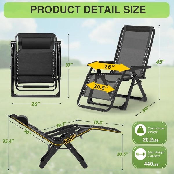 Suteck Zero Gravity Chair, Reclining Camping Lounge Chair w/Removable Cushion, Upgraded Lock and Cup Holder, Reclining Patio Chairs Folding Recliner for Indoor and Outdoor - Image 3