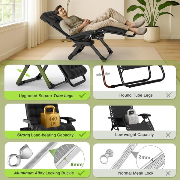 Suteck Zero Gravity Chair, Reclining Camping Lounge Chair w/Removable Cushion, Upgraded Lock and Cup Holder, Reclining Patio Chairs Folding Recliner for Indoor and Outdoor - Image 7