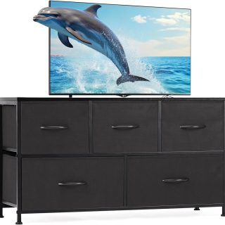 Sweetcrispy Dresser for Bedroom, TV Stand, 5-Drawer Fabric Storage Cabinet, Console Table, Entertainment Center and Closet Organizers for Living Room Furniture, Black