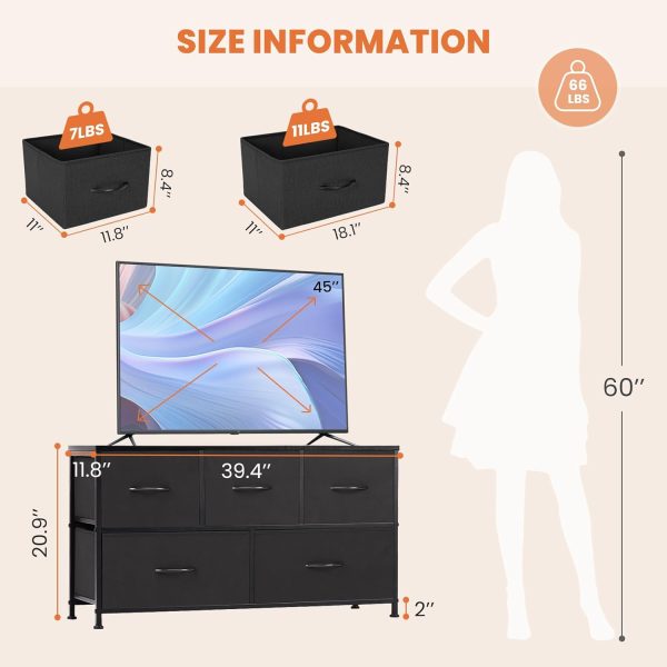 Sweetcrispy Dresser for Bedroom, TV Stand, 5-Drawer Fabric Storage Cabinet, Console Table, Entertainment Center and Closet Organizers for Living Room Furniture, Black - Image 3